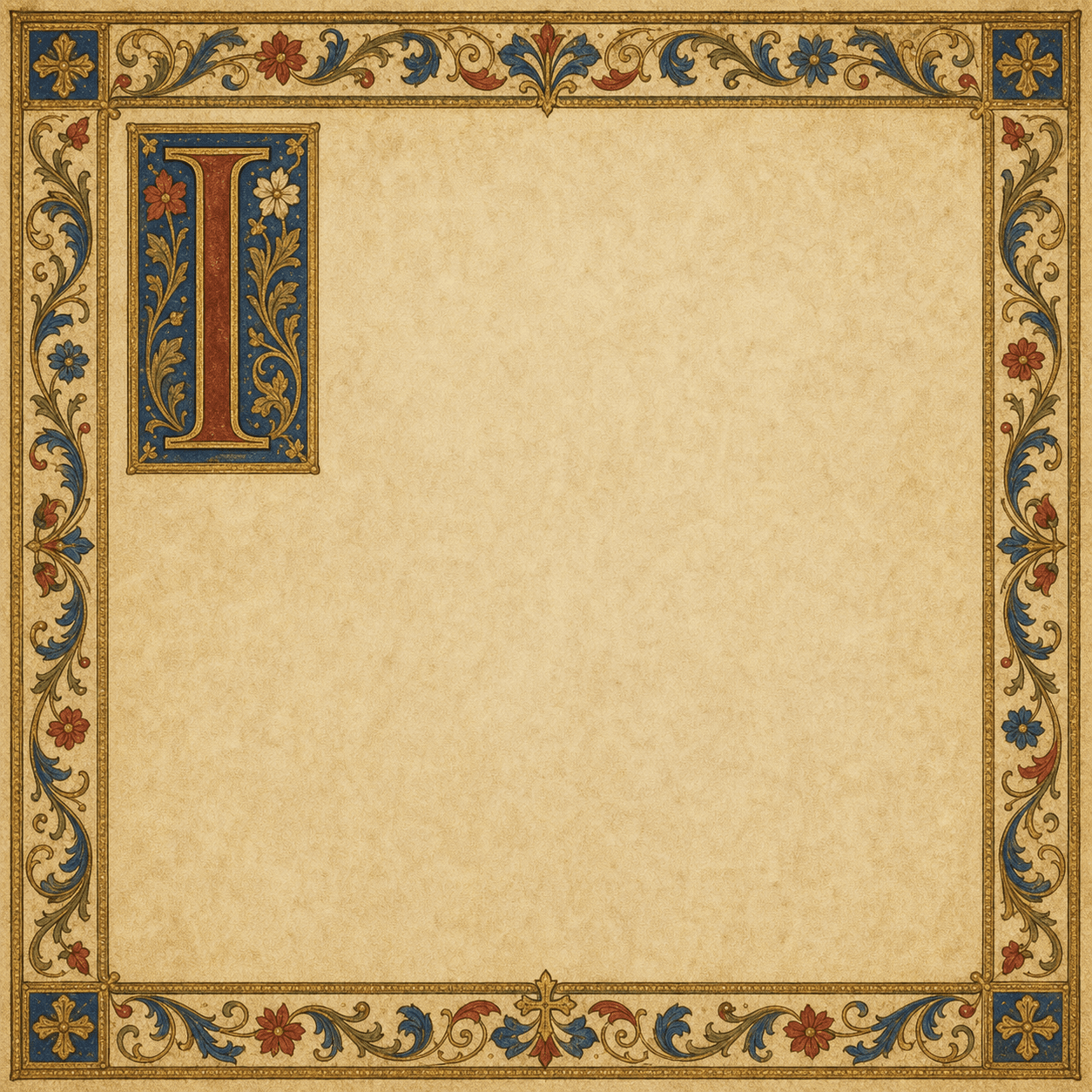 An illuminated parchment panel for St. Maximilian Kolbe's words, beginning with an illuminated I.