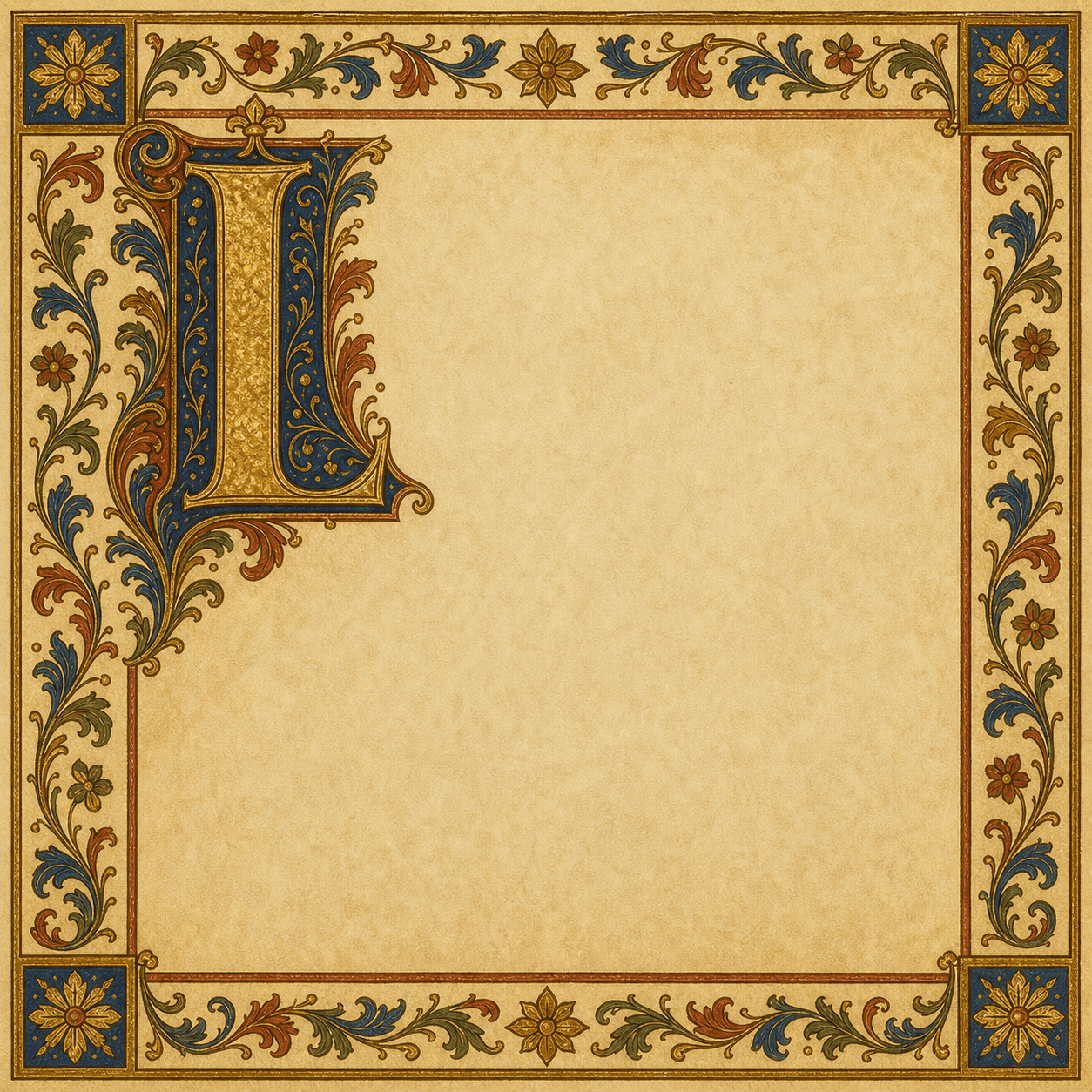 An illuminated parchment panel for Teresa's bookmark prayer, beginning with an illuminated L.