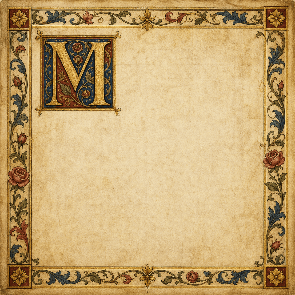 An illuminated parchment panel for St. Thérèse's words, beginning with an illuminated M.