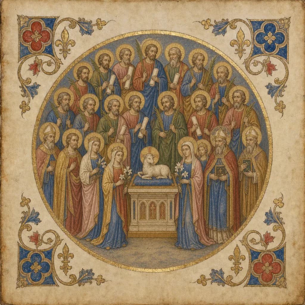 Illuminated medallion showing the communion of saints in heaven.