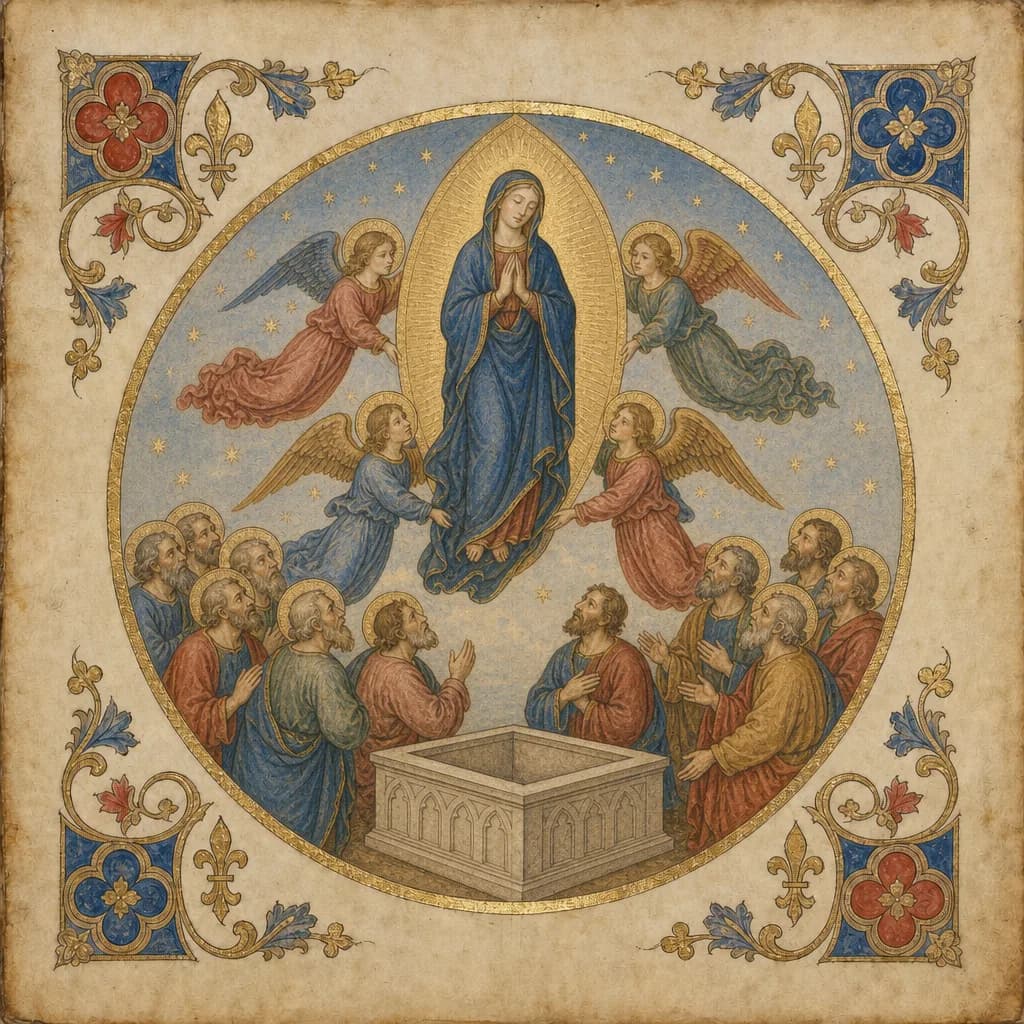 Illuminated medallion of the Assumption of the Blessed Virgin Mary.