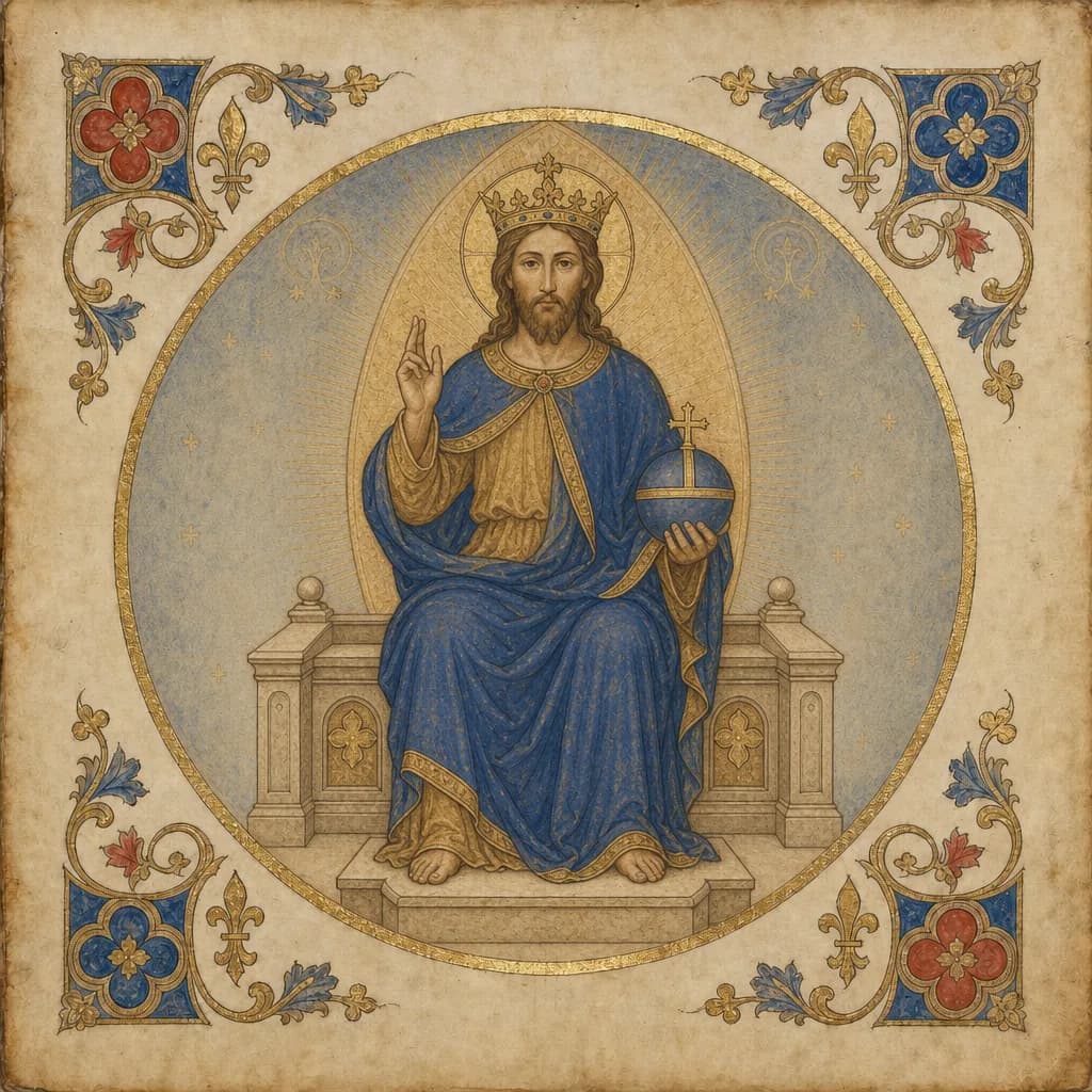 Illuminated medallion of Christ the King enthroned with crown and orb.