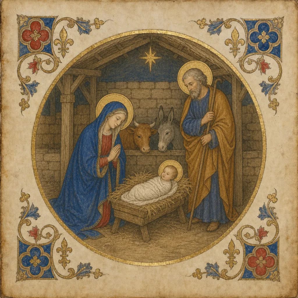 Illuminated medallion of the Nativity of the Lord.