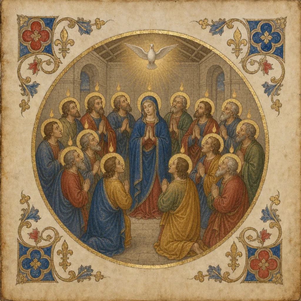 Illuminated medallion of the Holy Spirit descending at Pentecost.