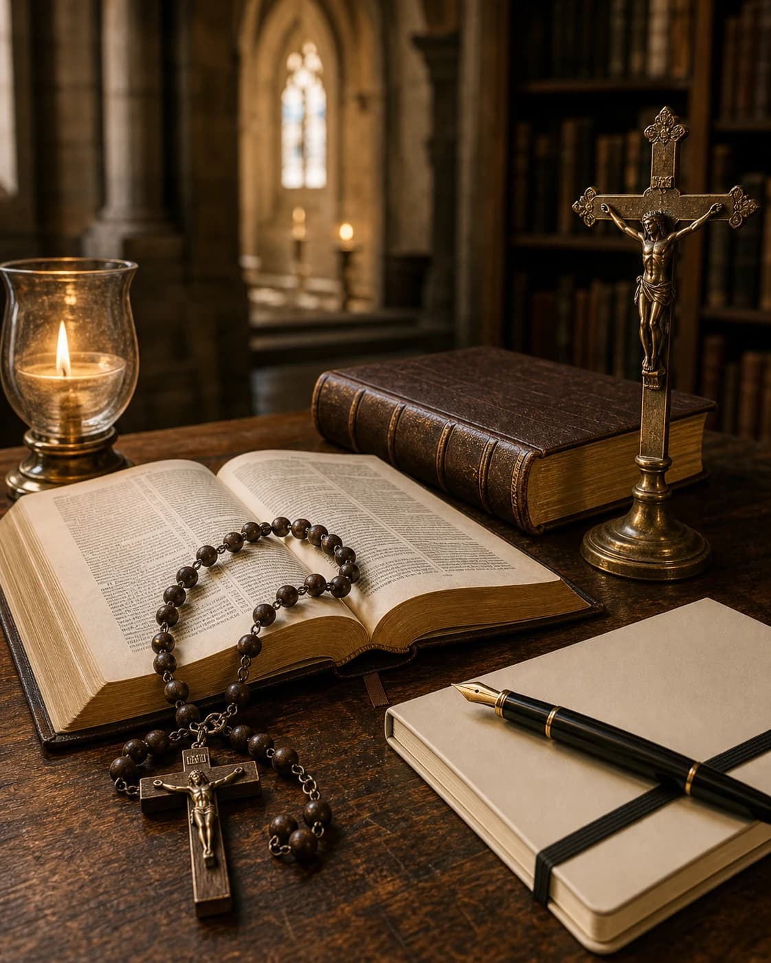 A Bible, rosary, crucifix, and notebook on a cathedral library table.