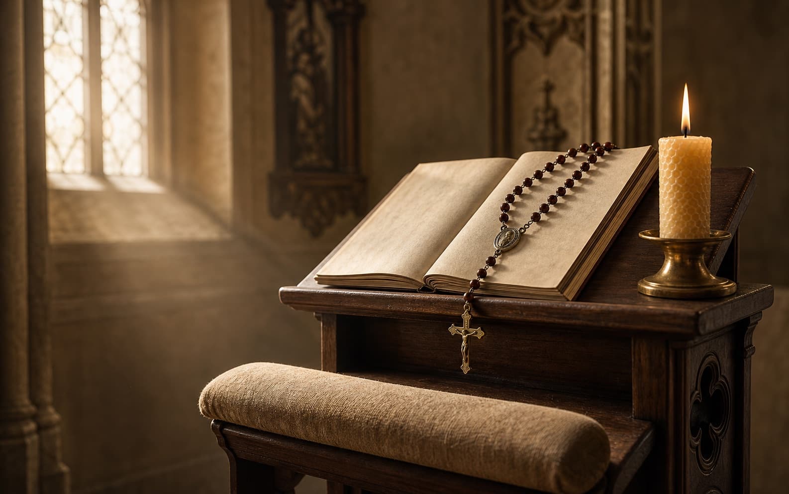 A Catholic oratory with a prayer book, rosary, kneeler, and lit candle.