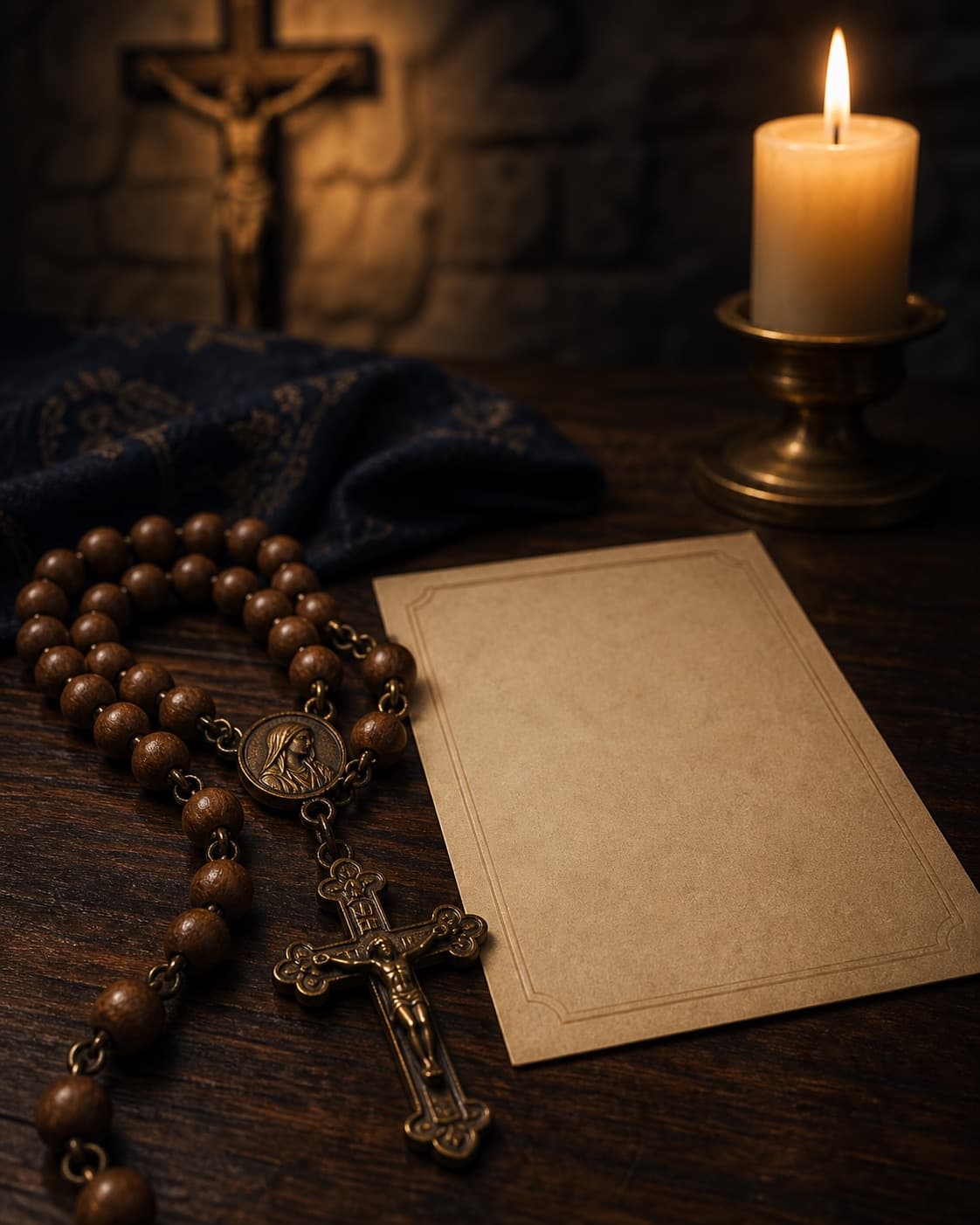 A rosary, crucifix, blank prayer card, and lit candle on a wooden table.