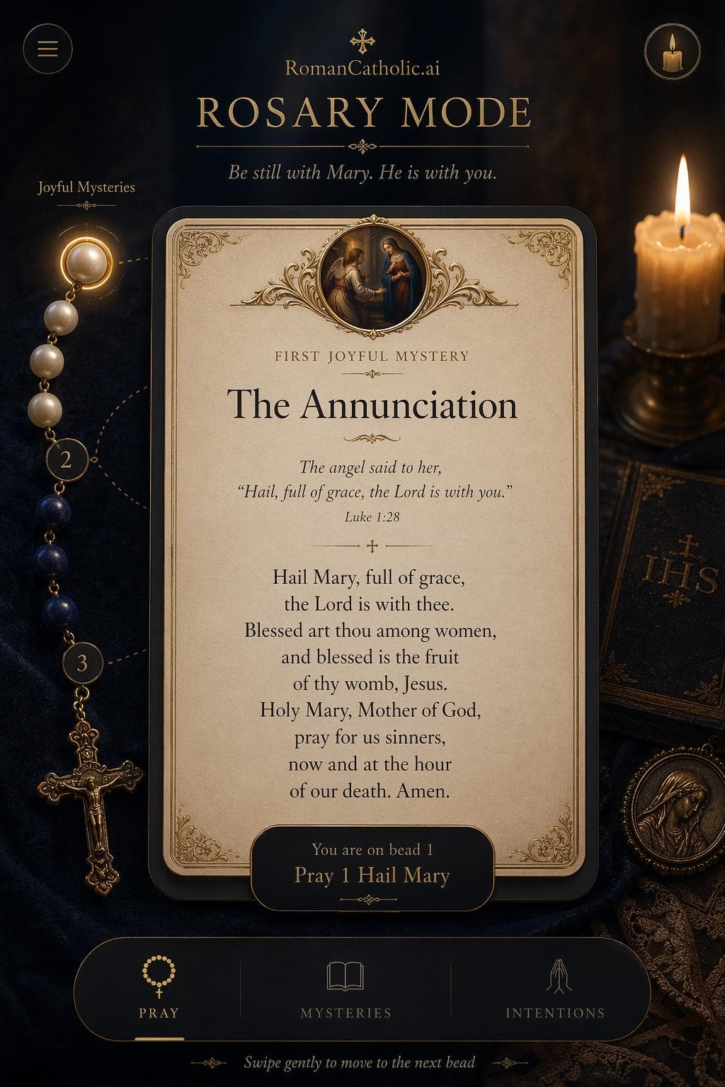 Rosary devotional mockup with candlelight and sacred imagery.