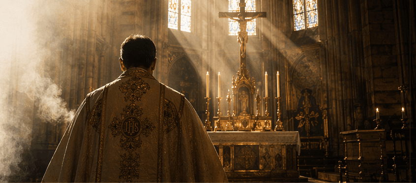 Priest standing before the altar in a cathedral.