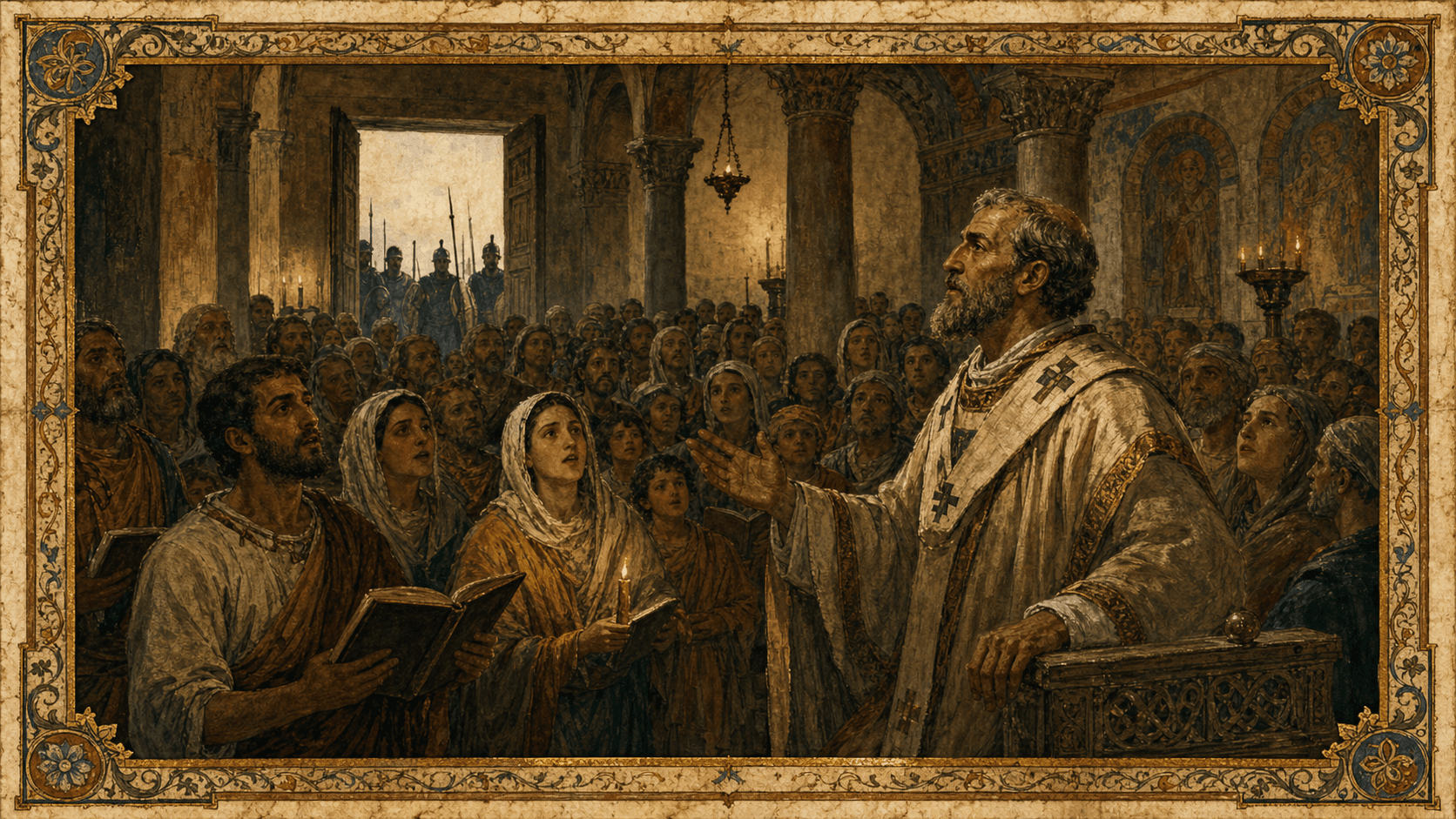 Ambrose and the Milanese congregation occupying their basilica under armed Arian siege in 385-386, singing antiphonal psalms as imperial soldiers wait outside.