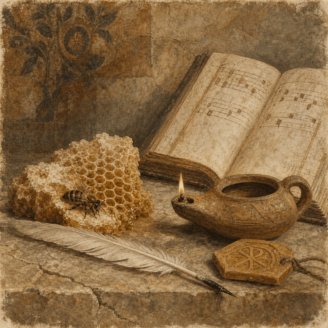 A still life of honeycomb, a quill, an open codex, and a bee — visual reference to Ambrose's hymns and to the bee tradition that marks his iconography.