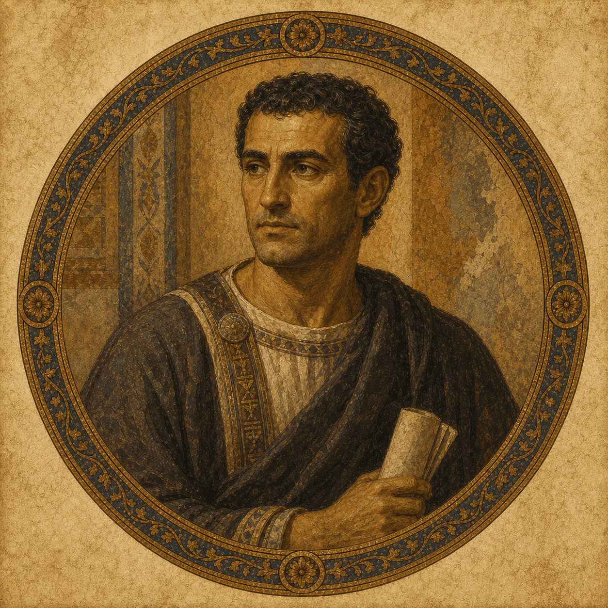 Portrait medallion of St. Satyrus, Ambrose's older brother, a late-Roman administrator and saint in his own right.