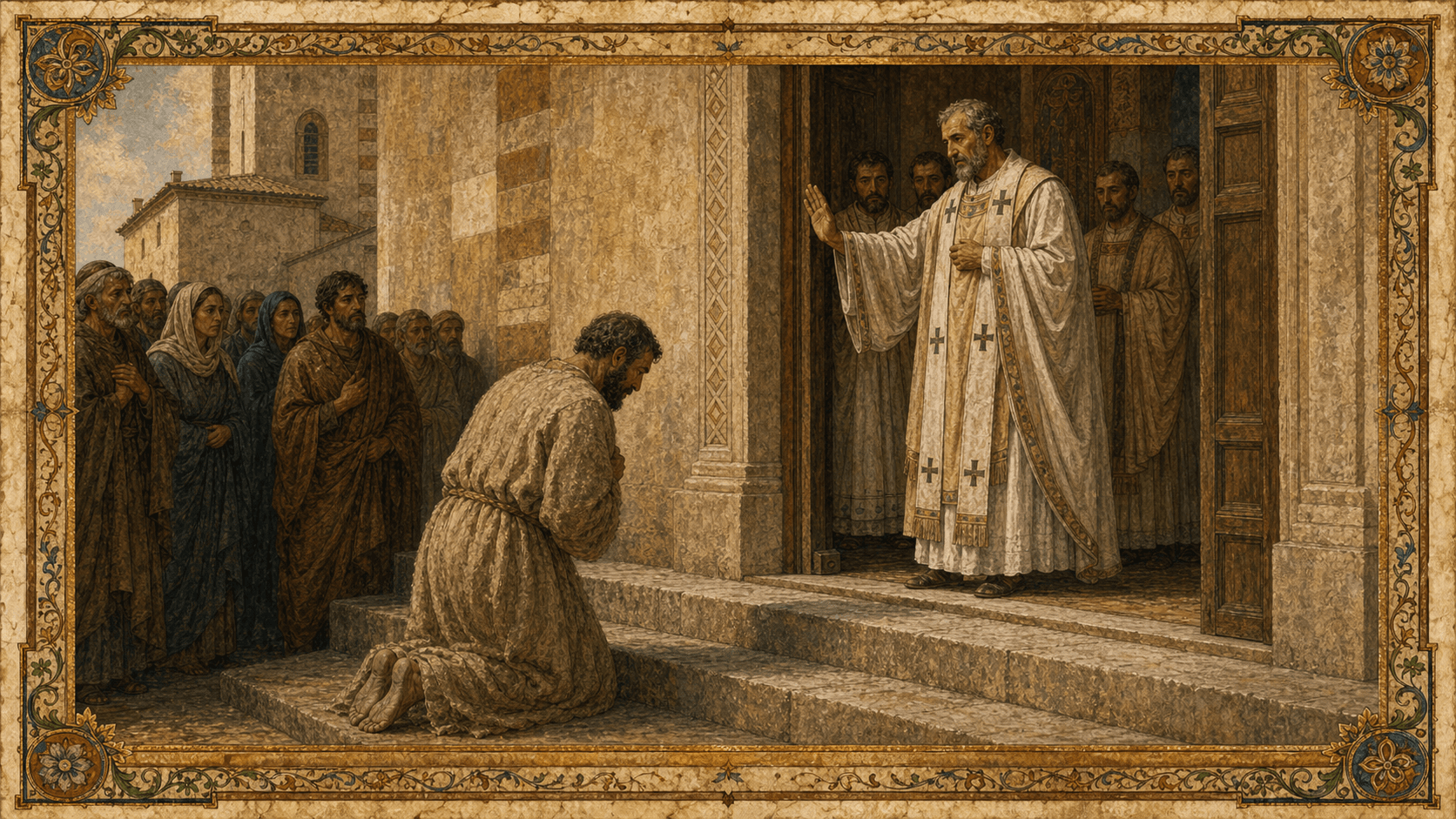 Emperor Theodosius doing public penance at the door of Milan's cathedral after the massacre at Thessalonica, with Bishop Ambrose composed in episcopal vestments at the threshold.