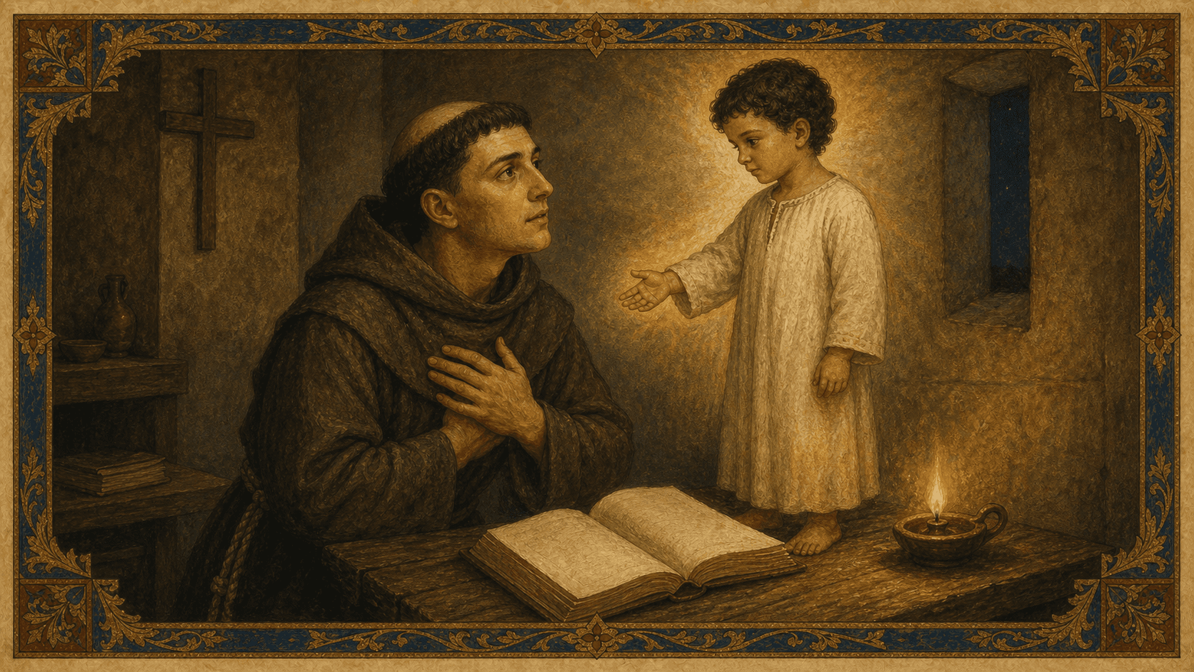St. Anthony praying in a candlelit cell as the Christ Child appears with quiet reverence.