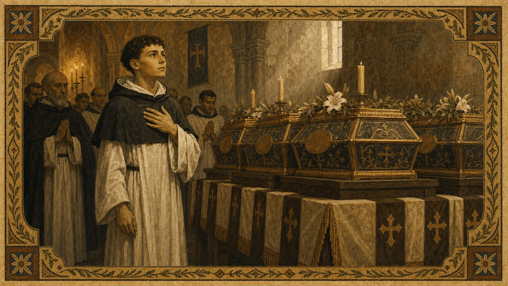 Young Fernando in Augustinian dress before the relics of the Franciscan martyrs of Morocco.