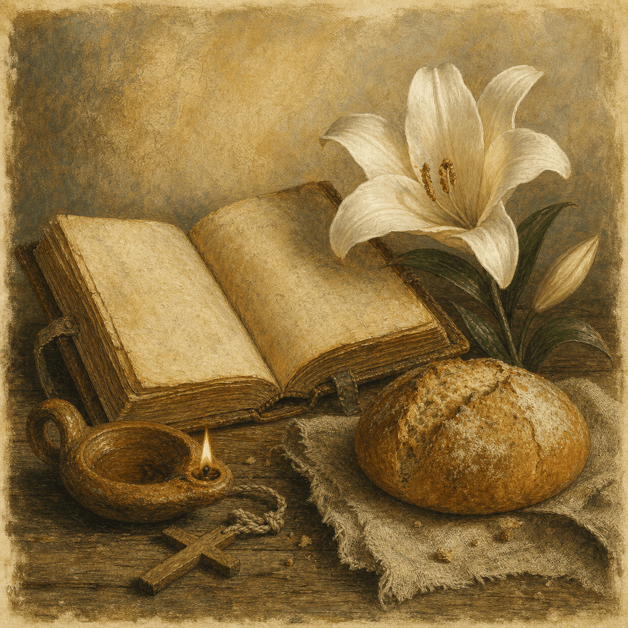 A symbolic still life for Anthony with a lily, a loaf of bread, a cord cross, and a blank book.