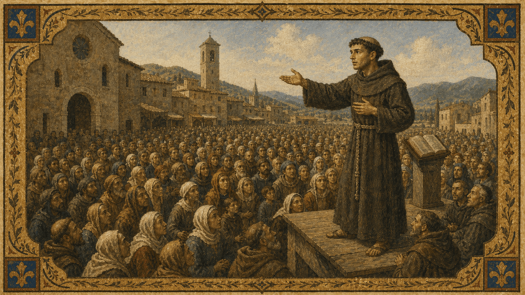 St. Anthony preaching to a large outdoor crowd in northern Italy with scriptural force.