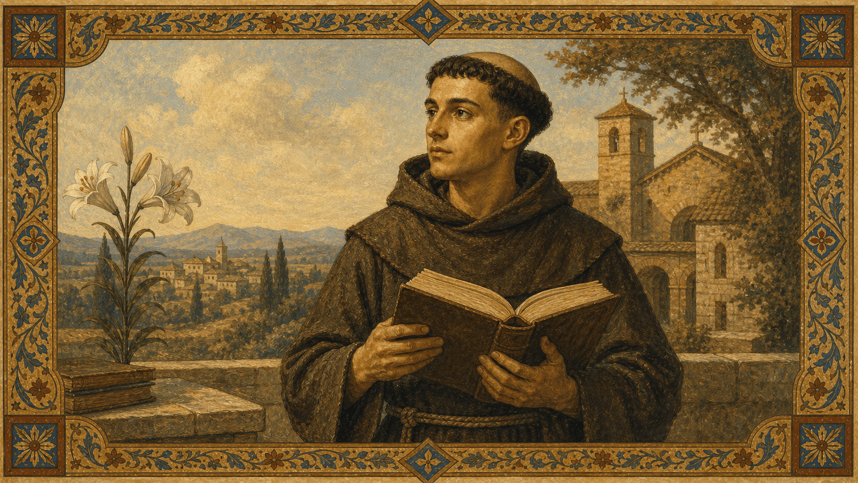 St. Anthony of Padua as a young Franciscan friar with a lily, an open book, and a sober Mediterranean face.