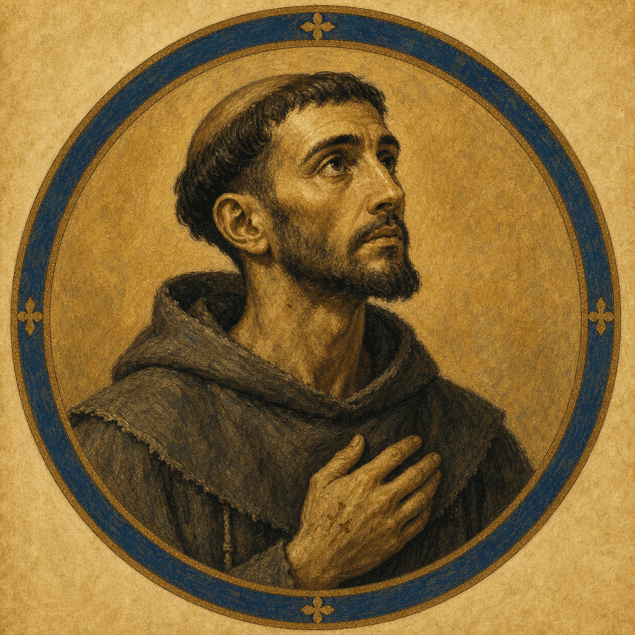 Portrait medallion of St. Francis of Assisi in a simple Franciscan habit.