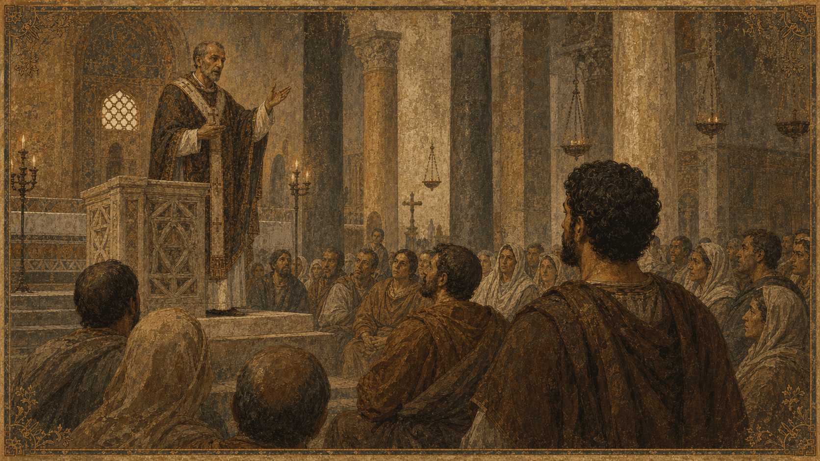St. Ambrose of Milan preaching in his cathedral, where Augustine first heard him.