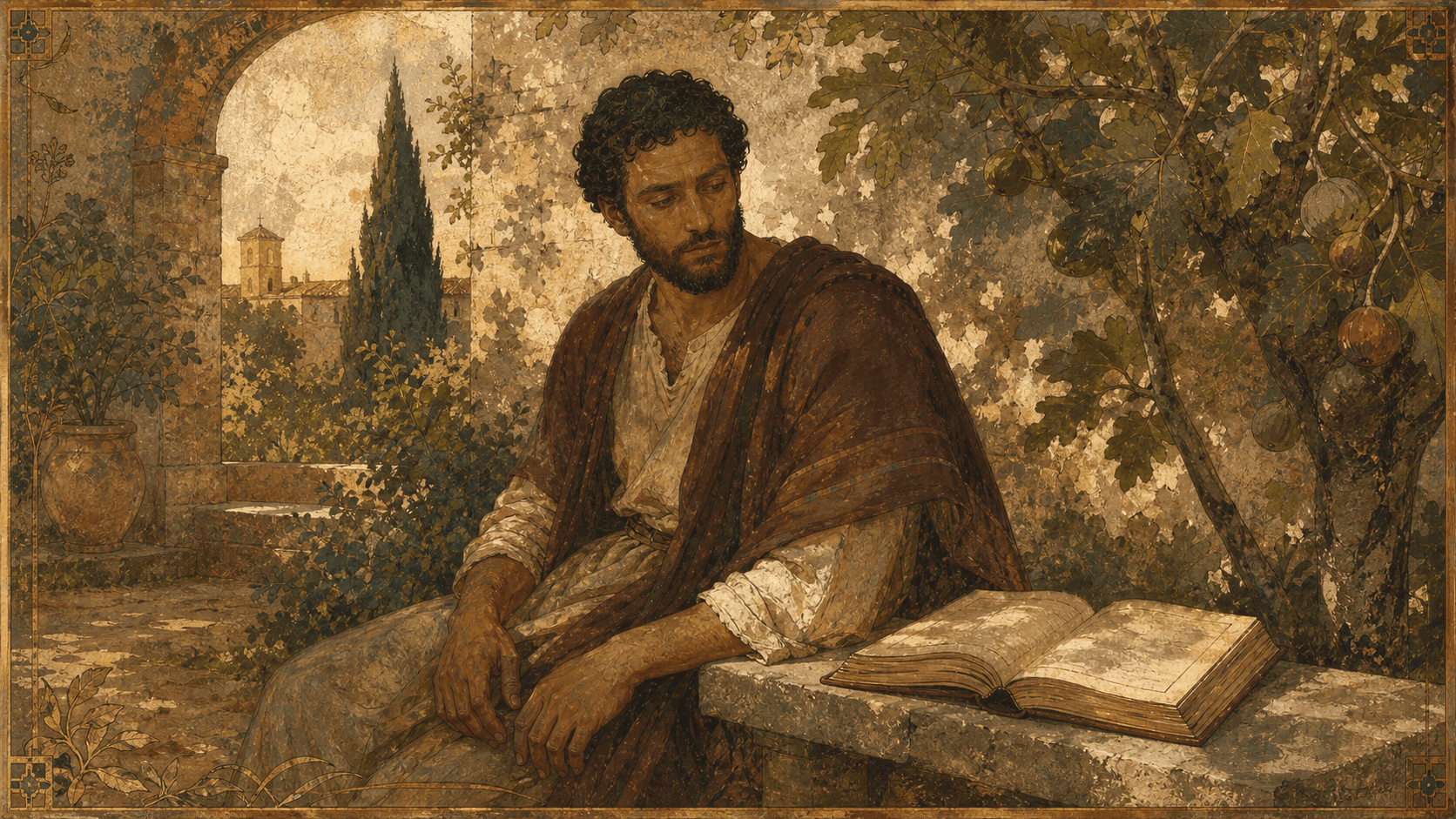 Augustine of Hippo at the moment of his conversion in a Milanese garden, with an open codex of St. Paul beside him.