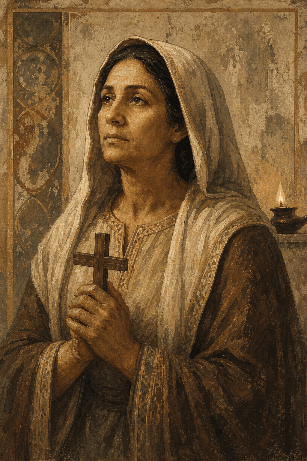 St. Monica in prayer, mother of Augustine, painted in the editorial style of the Saints Library.
