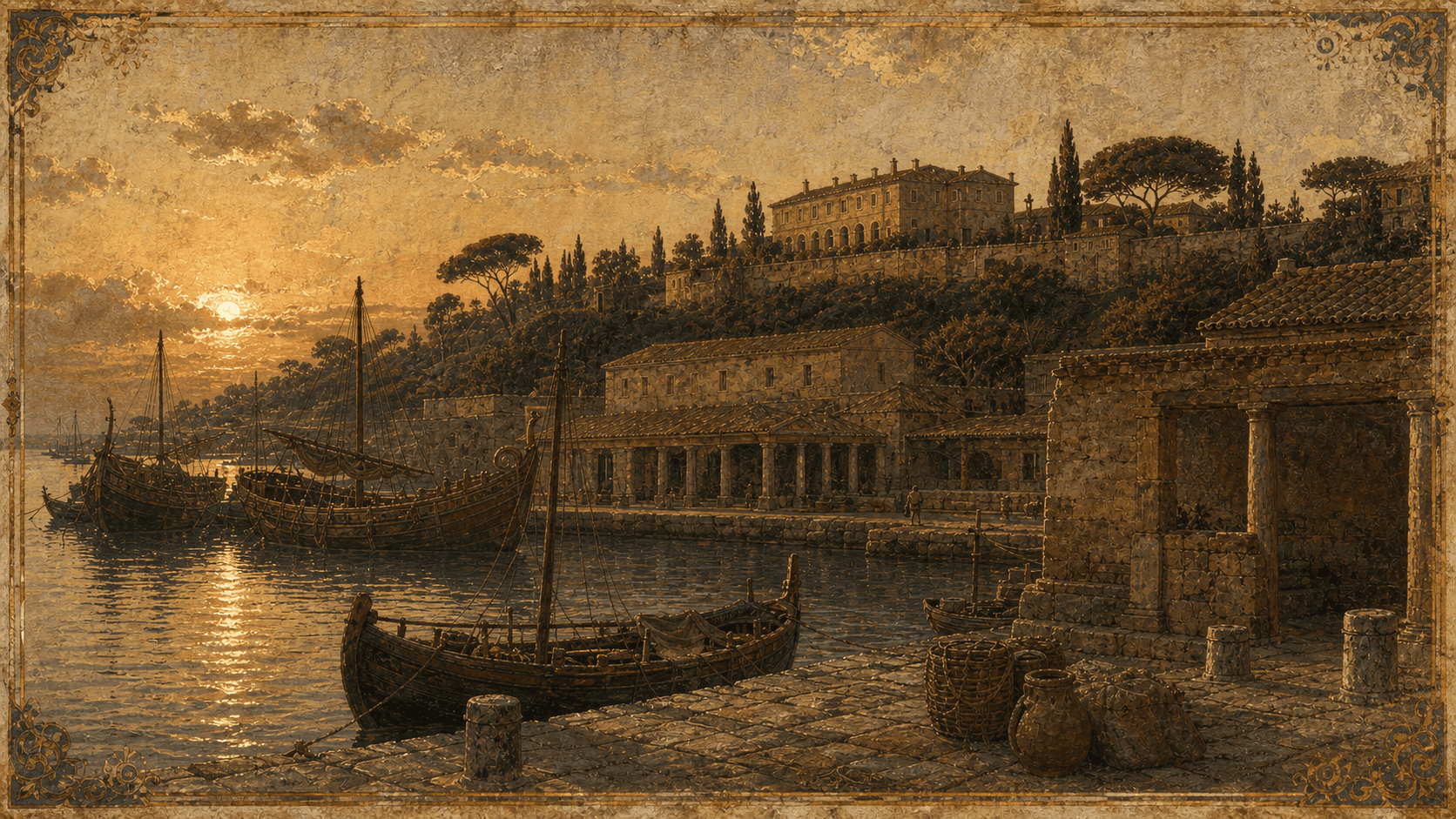 The harbor of Ostia at dusk, where St. Monica died on the journey home to North Africa in 387.