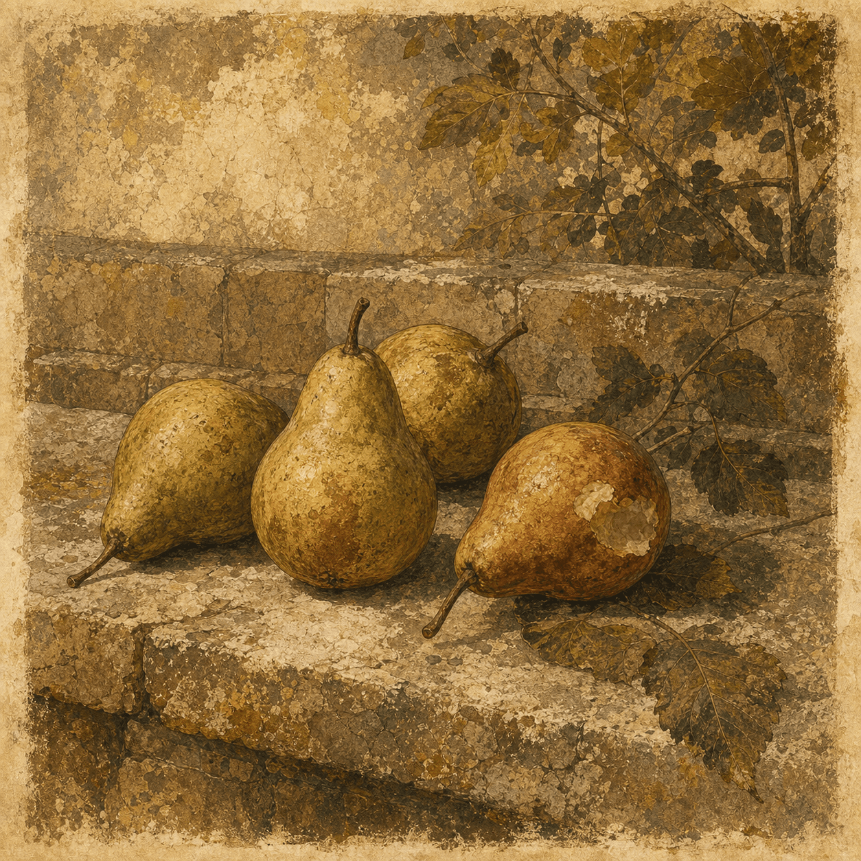 Pears on a stone wall, a visual reference to the orchard theft Augustine describes in the Confessions.