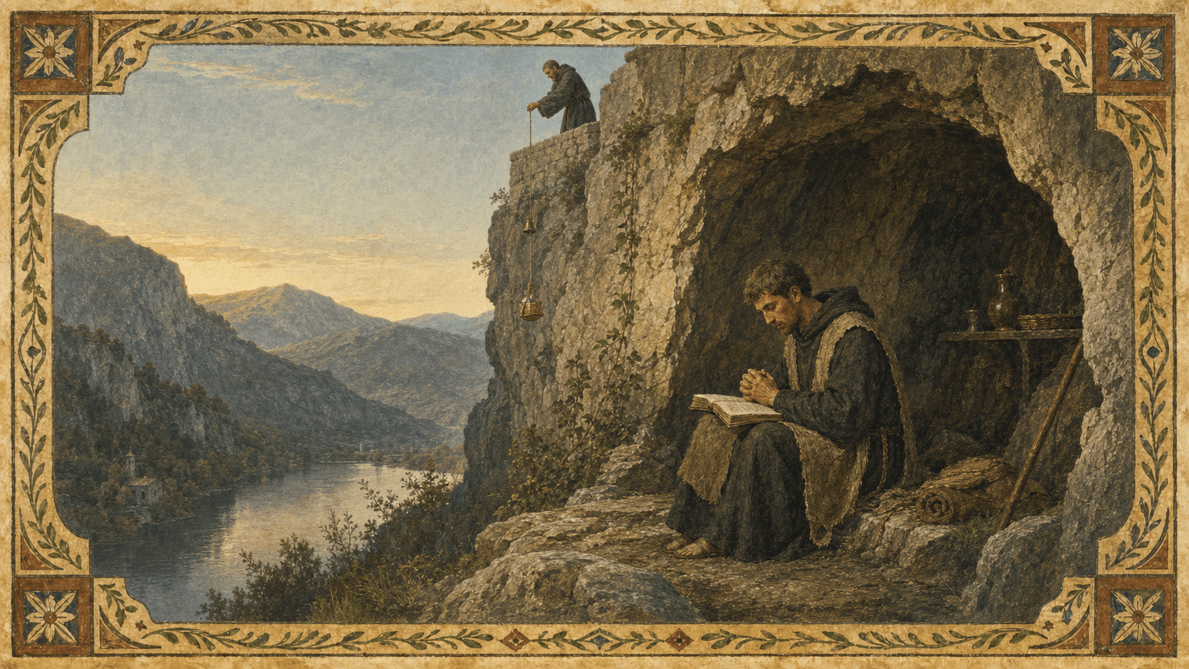 Benedict's cave at Subiaco above a lake, with Romanus lowering bread by rope.