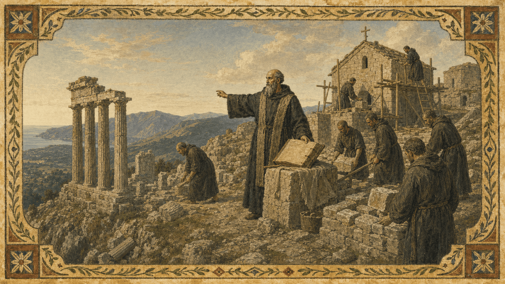 The founding of Monte Cassino as a modest hilltop monastic settlement on classical ruins.