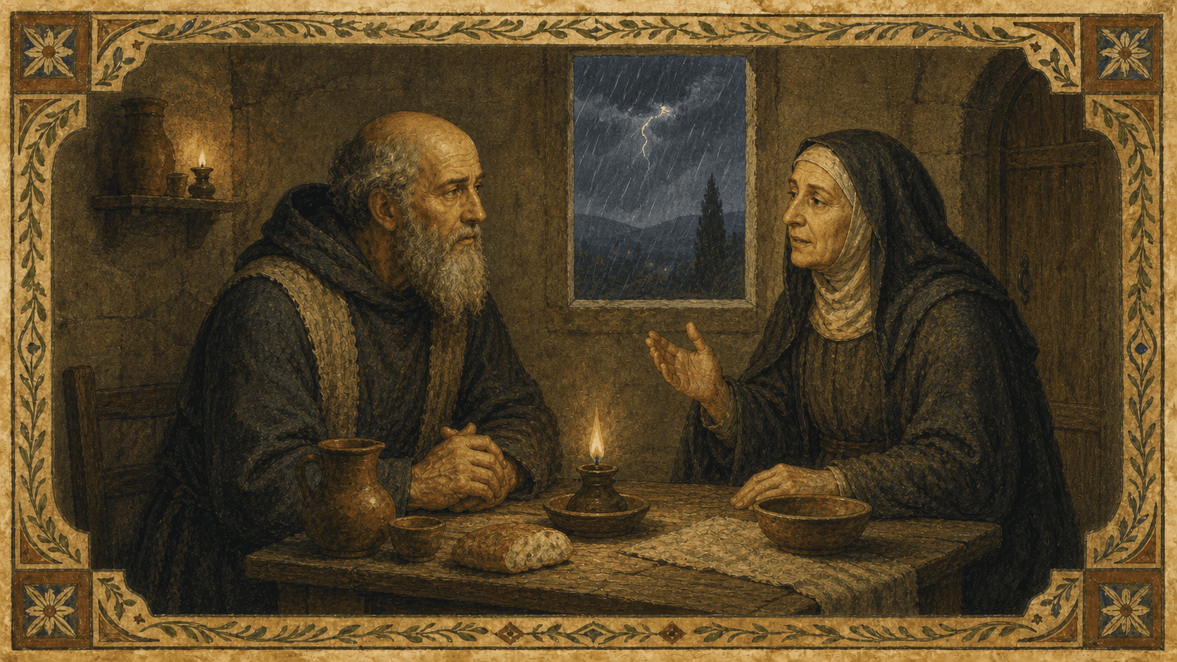 Benedict and Scholastica at their final visit, with storm light outside the window.