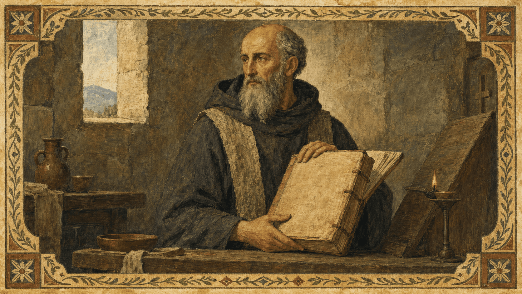St. Benedict of Nursia in a plain early-monastic habit holding the Rule as a hand-copied codex.