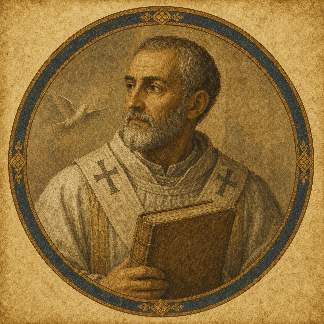 Portrait medallion of Pope St. Gregory the Great in early papal vesture with codex and subtle dove.