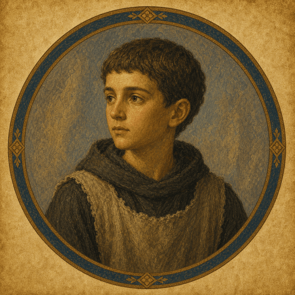 Portrait medallion of St. Placid as a youthful Benedictine disciple.
