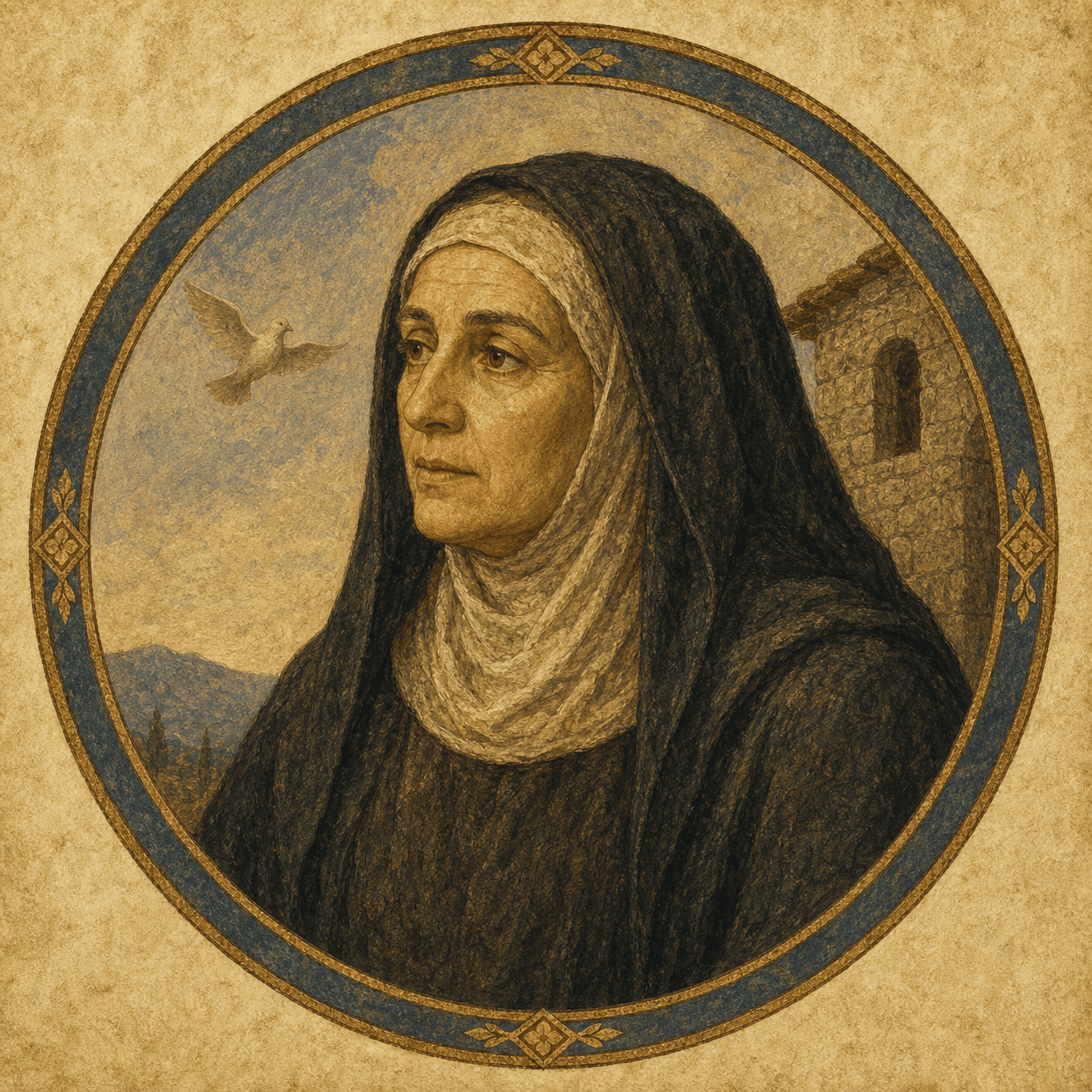 Portrait medallion of St. Scholastica in a plain veil with a subtle dove attribute.