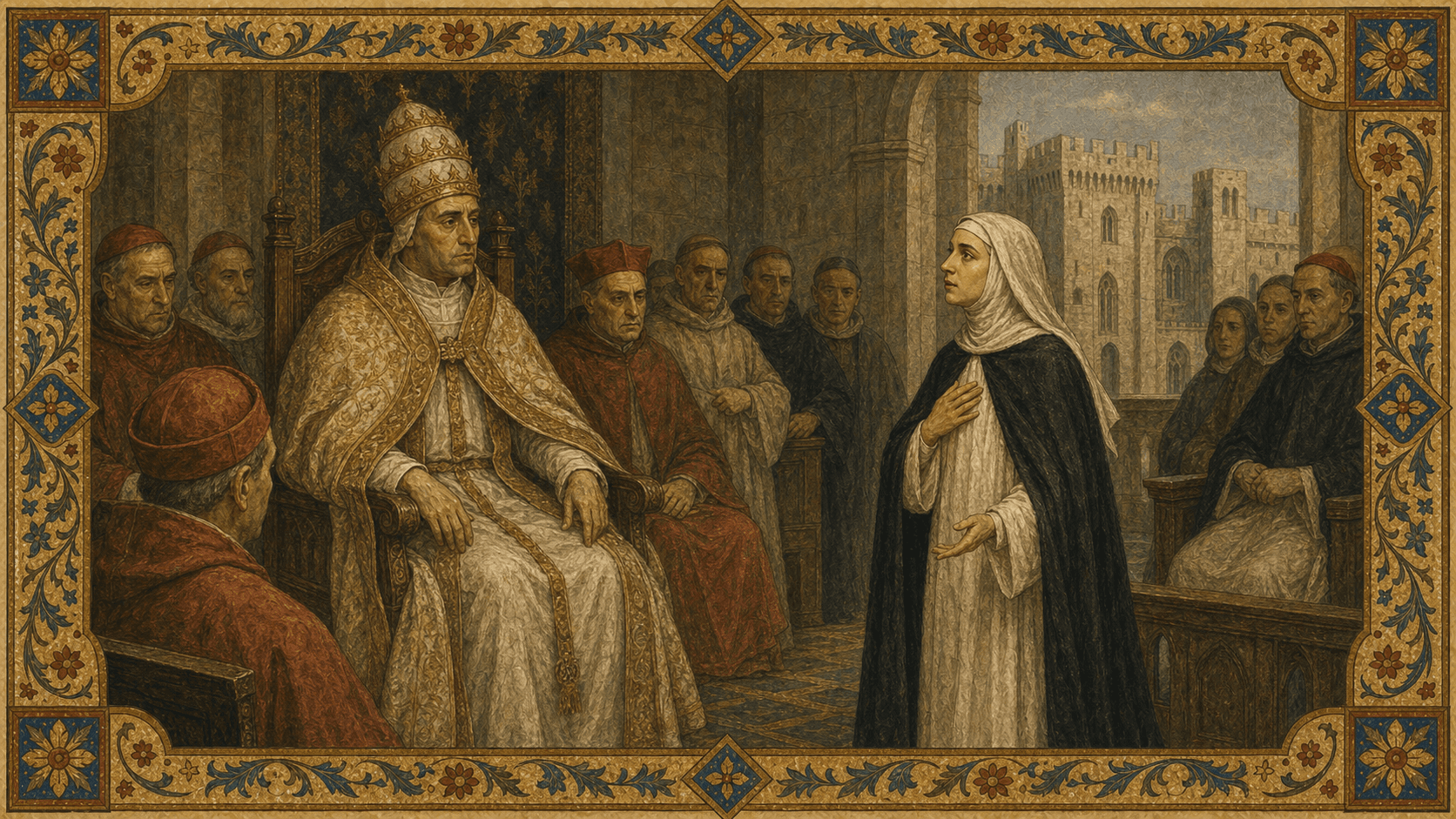 St. Catherine of Siena before Pope Gregory XI at Avignon, urging the return to Rome.