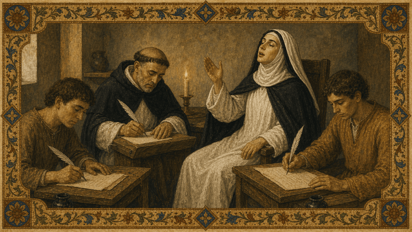 St. Catherine of Siena dictating The Dialogue in ecstasy to male secretaries.