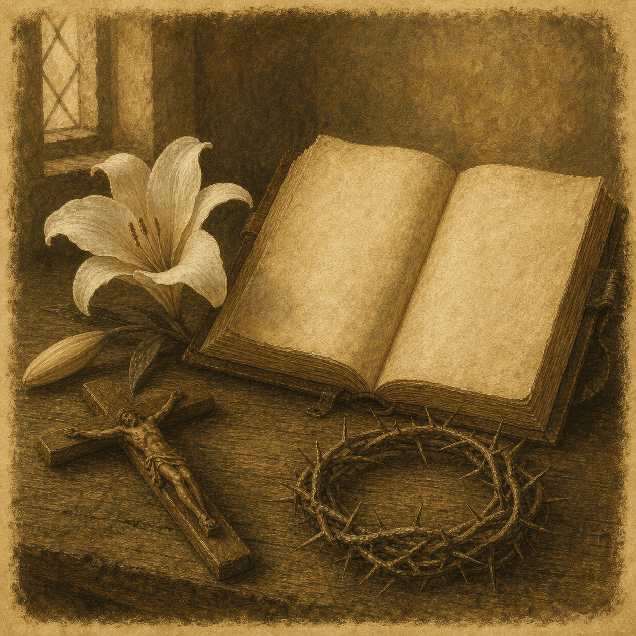 A symbolic still life for Catherine with a lily, crucifix, crown of thorns, and book.