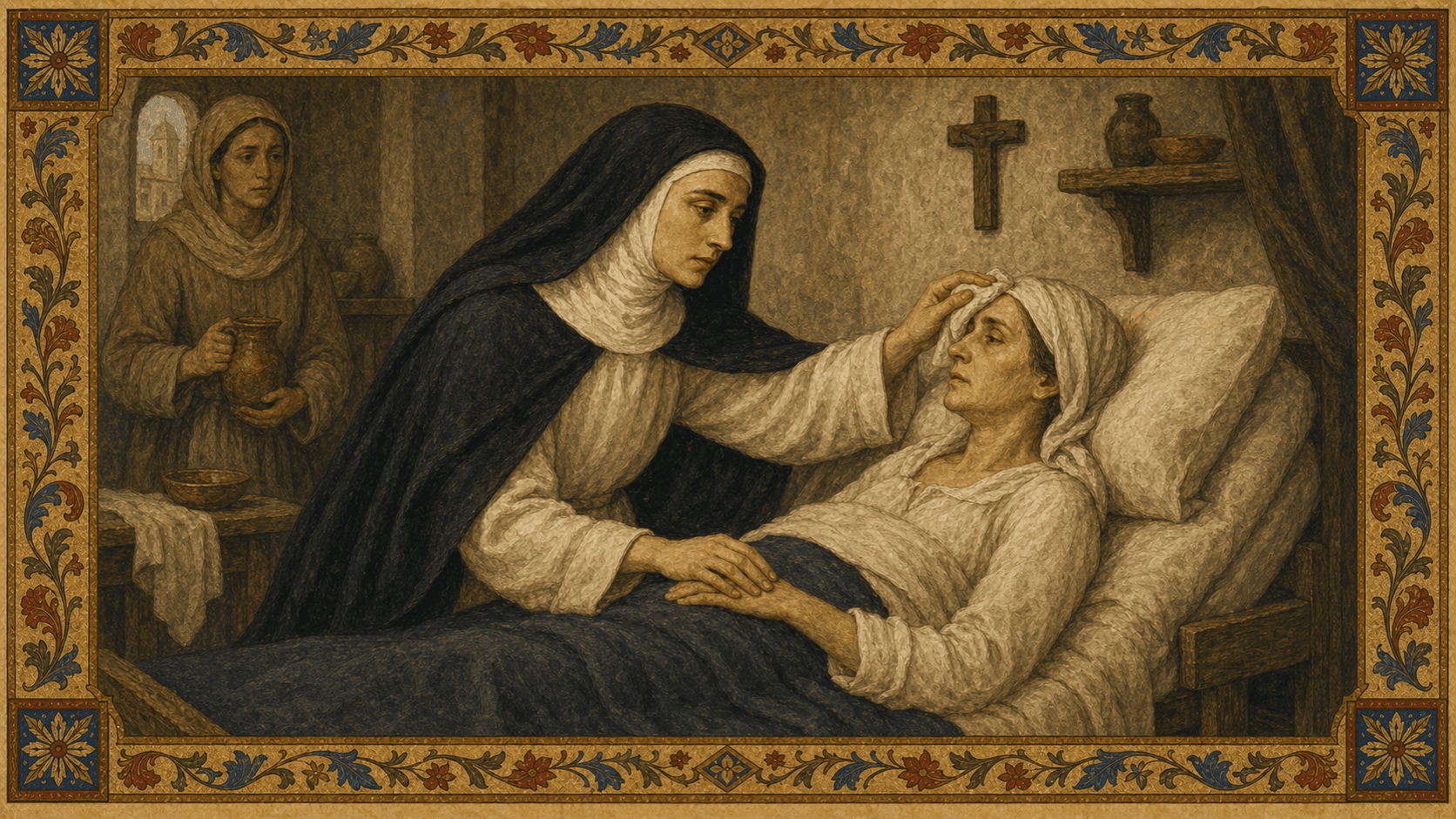 St. Catherine of Siena tending a sick woman with dignity and care.