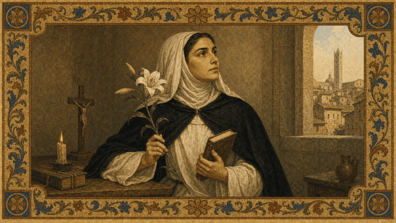 St. Catherine of Siena in the Dominican tertiary habit, holding a lily and book.