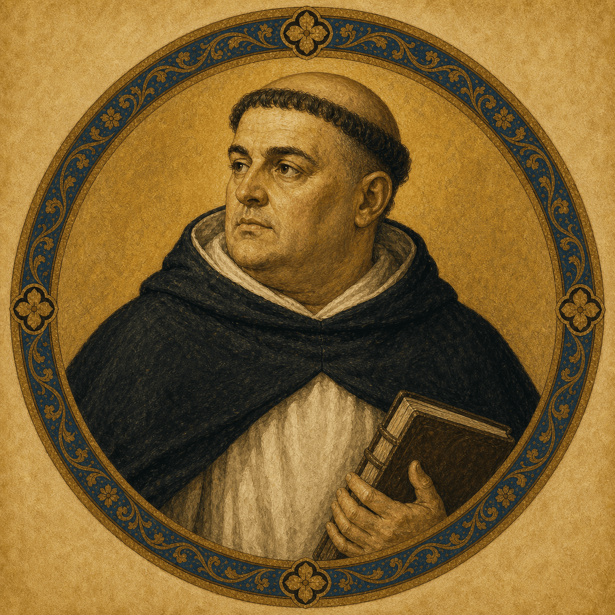 Portrait medallion of St. Thomas Aquinas in the Dominican habit.