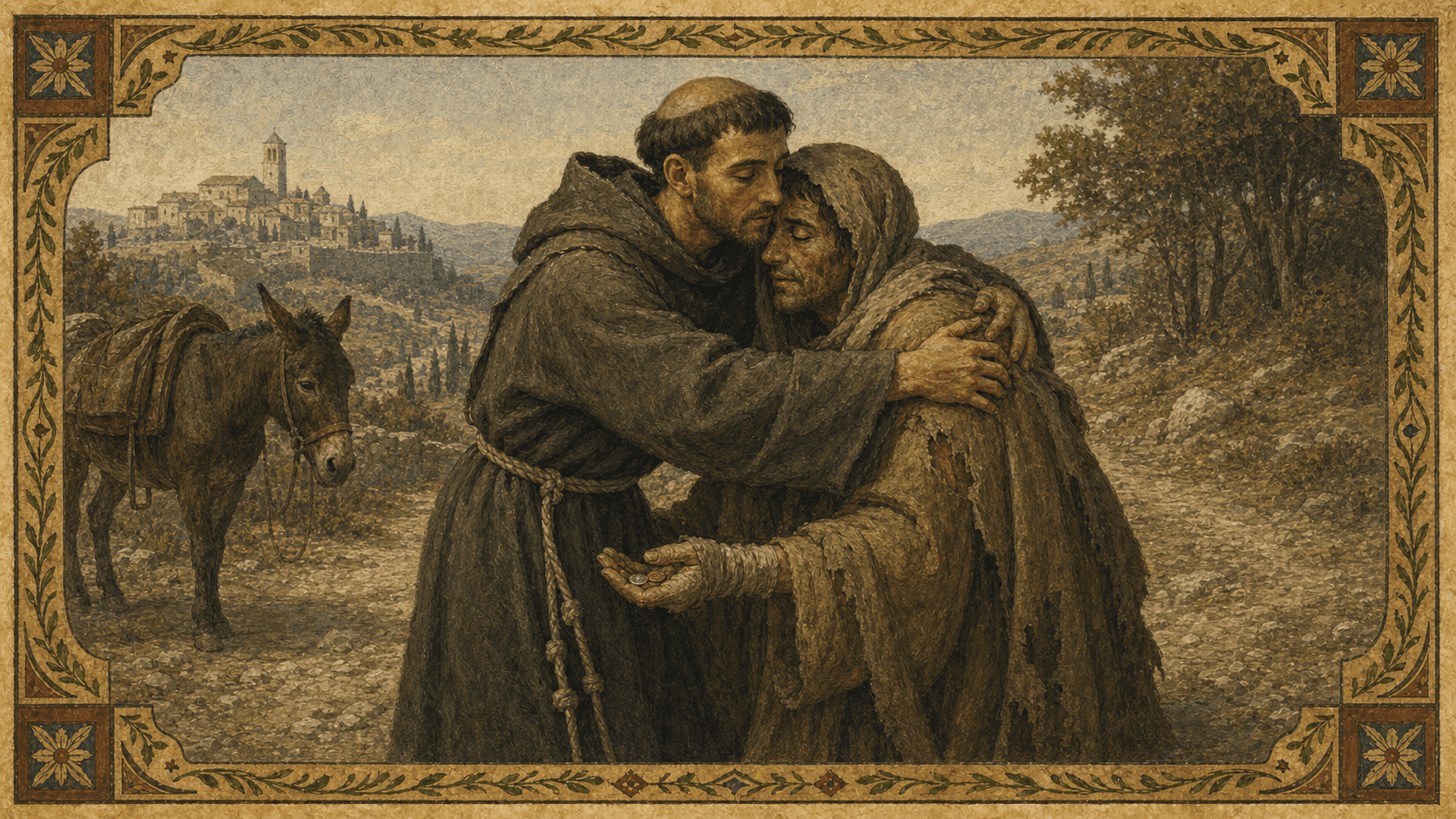 Francis embracing a leper on the road with dignity and restraint.
