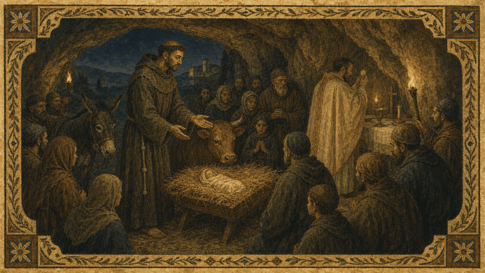 The Christmas crib at Greccio with Francis, villagers, torchlight, and a reverent manger.