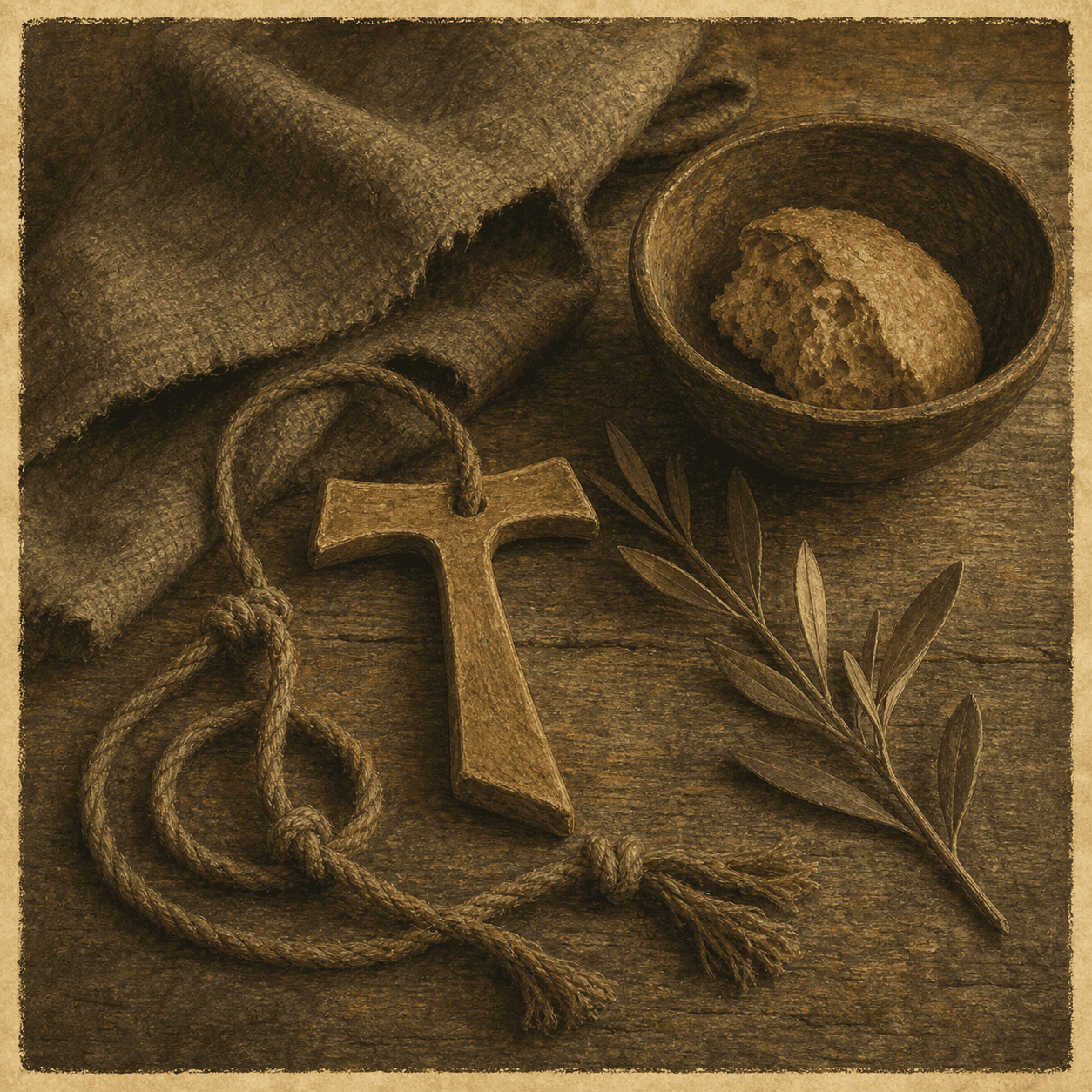 A Franciscan still life with Tau cross, knotted cord, bread, and a small sprig.