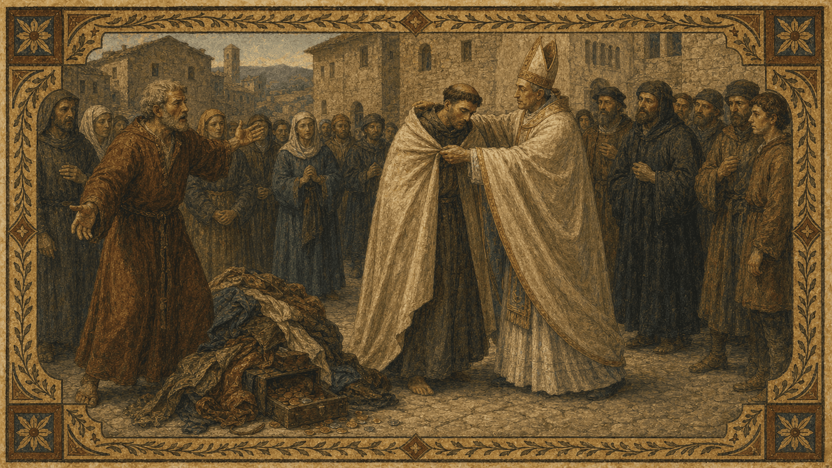 Francis renouncing his father's wealth before the bishop of Assisi.