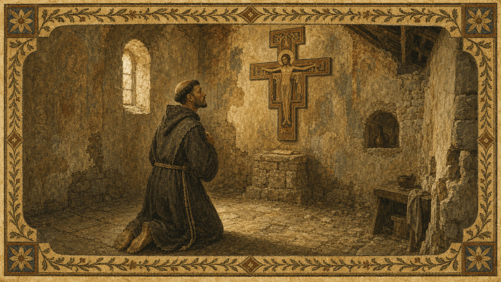 Francis praying before the painted San Damiano crucifix in a ruined chapel.