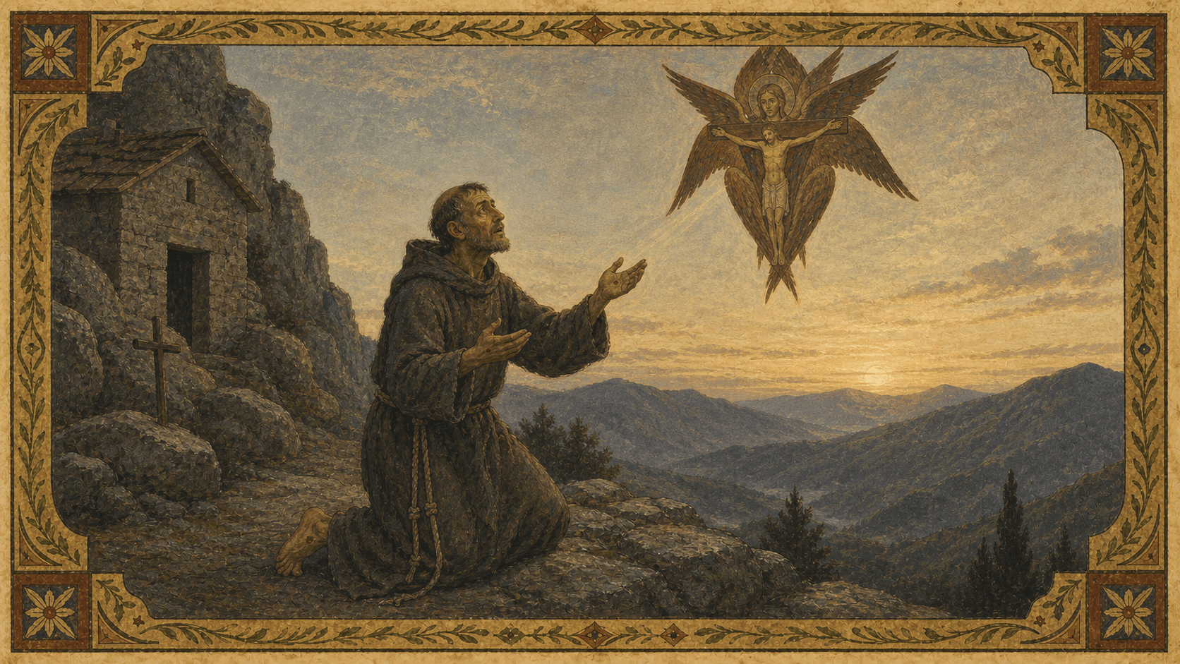 Francis receiving the stigmata at La Verna, shown as restrained marks of light.