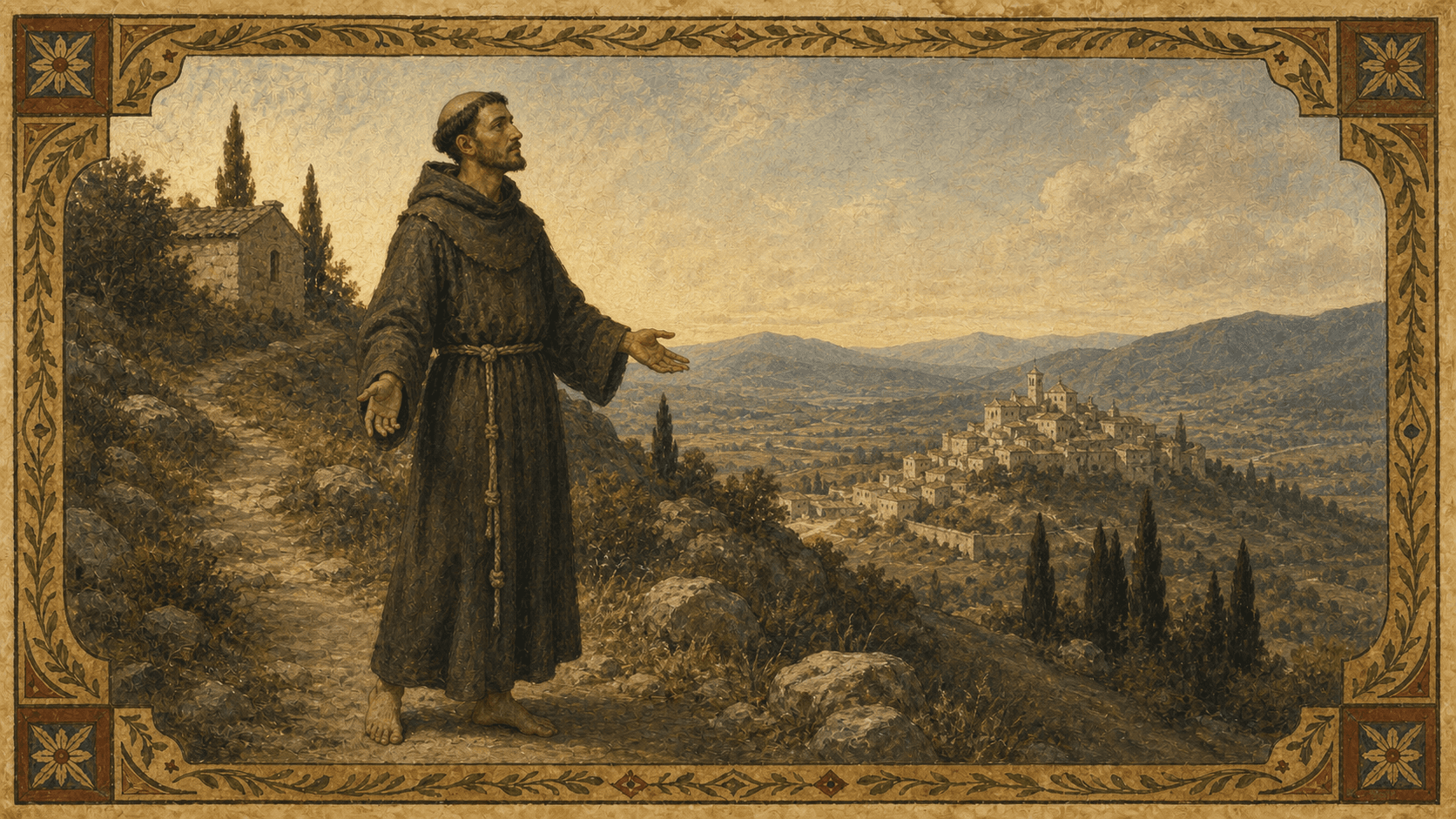 St. Francis of Assisi in a rough grey-brown habit in the Umbrian hills.