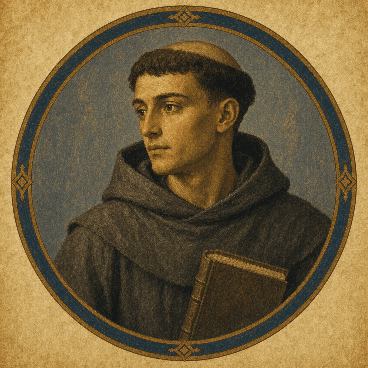 Portrait medallion of St. Anthony of Padua as a young Franciscan Doctor with a book.