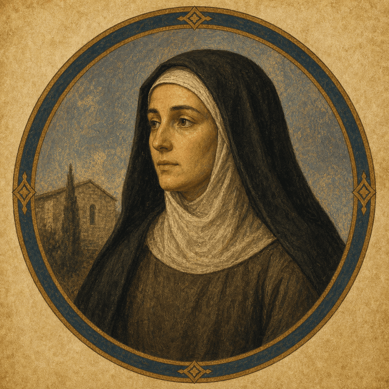 Portrait medallion of St. Clare of Assisi in a Poor Clare habit.